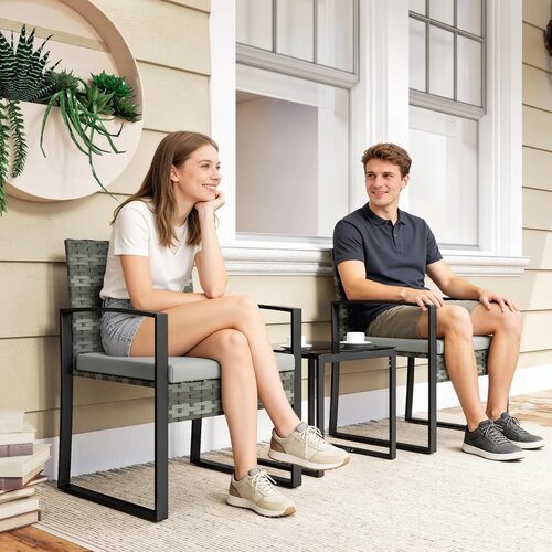Bistro set od ratana 3 dijela 2 stolice stolić za kavu i jastuci svijetlosivi Slike