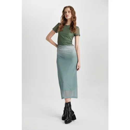 Defacto Bodycon Crew Neck Gradient Short Sleeve Midi Tulle Dress