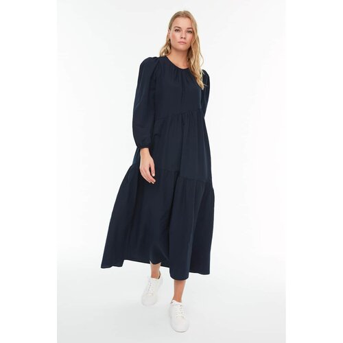 Trendyol Navy Blue Ruffle Detailed Crew Neck Poplin Woven Dress Slike