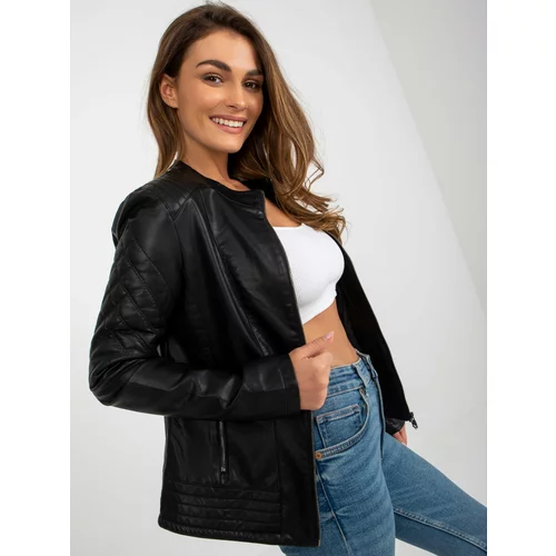 Fashion Hunters Women's black eco-leather jacket with pockets
