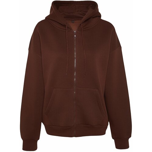 Trendyol Brown Oversize/Comfortable Fit Basic Hooded Knitted Sweatshirt with Fleece Inside Slike