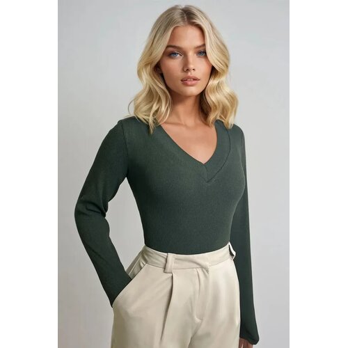 Trend Alacati Stili Ženska bluza dugih rukava Alc-X13330, V-izrez, Tamnozelena Cene