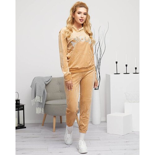 Resti Women's beige sweatshirt set with an inscription and crystals - Clothing Cene