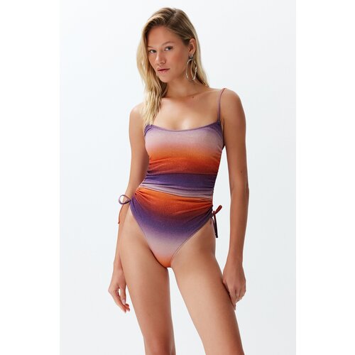 Trendyol Gradient Patterned Strapless Draped Glitter High Leg Regular Swimsuit Slike