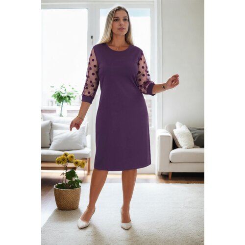 Dewberry 97062 Polka Dot Flocked on Sleeves Plus Size Dress-MOR Slike