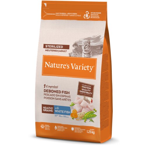 Nature&amp;#039;s Variety Healthy Grains Cat Sterilized Adult - bela riba 1,25 kg Slike
