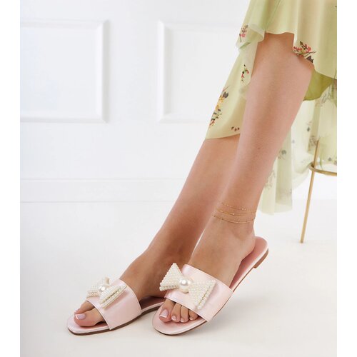 Gemre Perlino Beige Satin Slides with Pearl Bow Cene