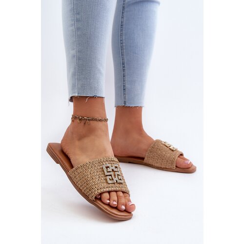 PE1 Flat Women's Slippers with Weave and Decoration Beige Omenna Cijene