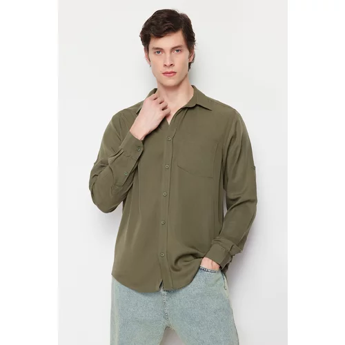 Trendyol Khaki Men's Comfort Natural Breathable 100%Lyocell Comfortable Regular Fit Large Size Shirt