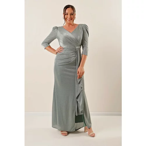 By Saygı Three Quarter-Centural Voluminous Sleeves Lined, Silvery Plus Size Long Dress
