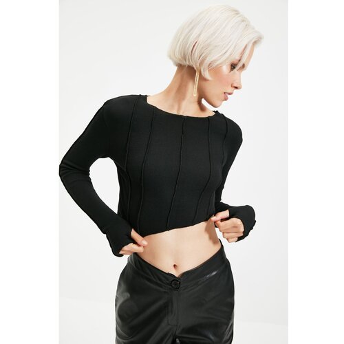 Trendyol Black Stitch Detail Ribbed Asymmetrical Knitted Blouse Slike