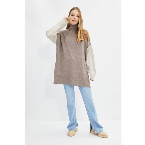 Trendyol Brown Color Block Turtleneck Long Knitwear Sweater