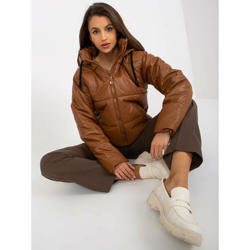 Fashion Hunters Light brown faux leather down jacket with a hood Slike