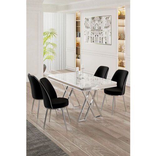 Hanah home Vals - White, Chrome, Black WhiteChromeBlack Dining Table & Chairs Set (5 Pieces) Cene