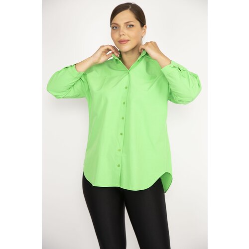 Şans Women's Plus Size Green Front Buttoned Poplin Shirt Slike