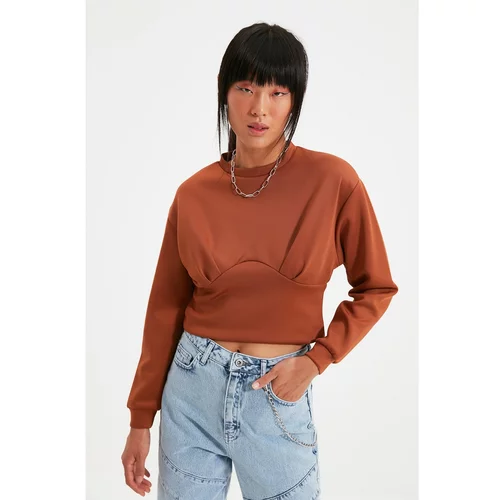Trendyol Brown Waist Detailed Scuba Crop Knitted Sweatshirt
