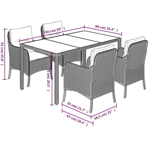  5-dijelni vrtni blagovaonski set s jastucima od poliratana crni Crna 150 cm table length Slike