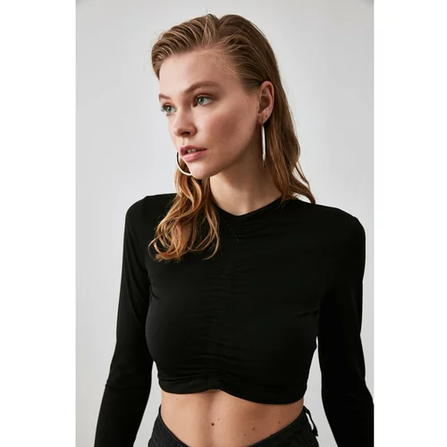 Trendyol Black Pleated Crop Knitted Blouse