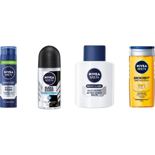 Nivea muški paket, pena za brijanje protect, roll on pearl&beauty 50ml, losion posle brijanja, gel za tuširanje men boost 250ml Slike