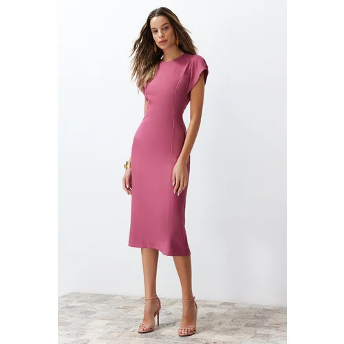 Trendyol Dried Rose Body Wrap Low Sleeve Crew Neck Woven Midi Dress