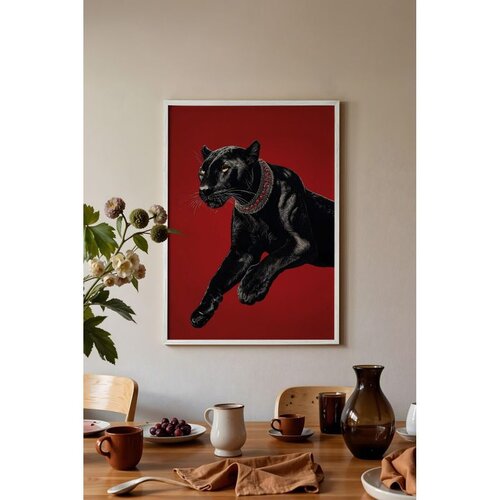 Wallxpert uramljena slika 115261, crni panter sa ogrlicom na crvenoj pozadini, 30 x 40 cm, beli ram Slike