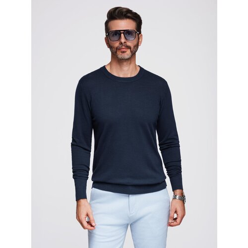 Ombre Men&amp;#039;s sweater with round neckline in stretch knit with classic weave - navy blue Slike