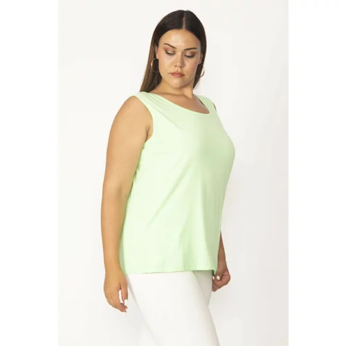 Şans Women's Plus Size Green Cotton Fabric Crew Neck Sleeveless Blouse