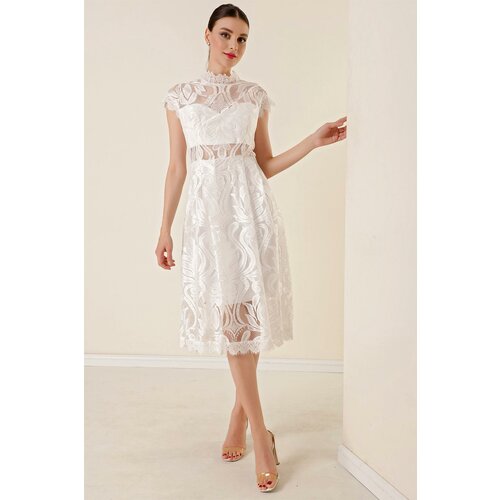 By Saygı Lined Lace Dress with Half Moon Sleeves Cene