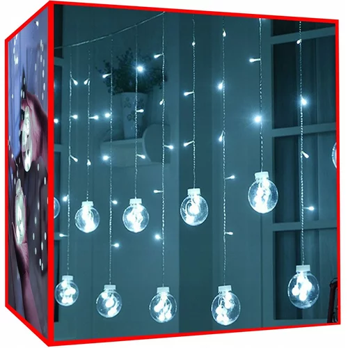  Novoletne lučke zavesa 108 LED hladno bela 2,6m kroglice 8 funkcij