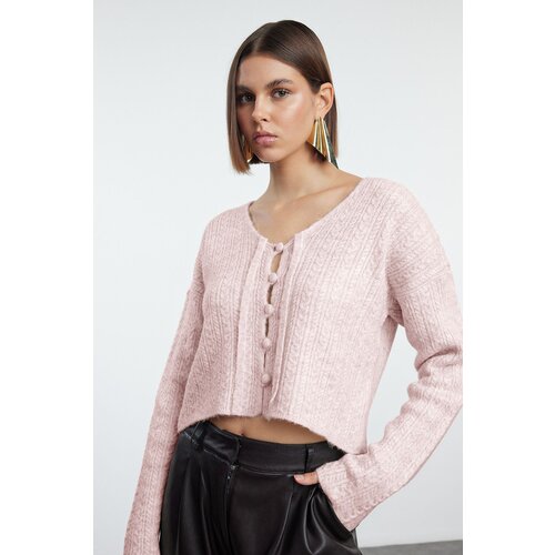 Trendyol Pink Soft Textured Tie Detailed Knitwear Cardigan Slike