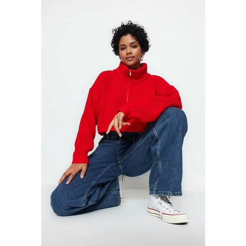 Trendyol Red Super Crop Zippered Knitwear Sweater