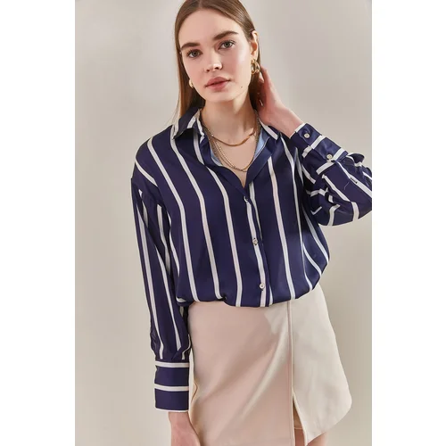 Bianco Lucci Women's Cuff Sleeve Striped Satin Shirt