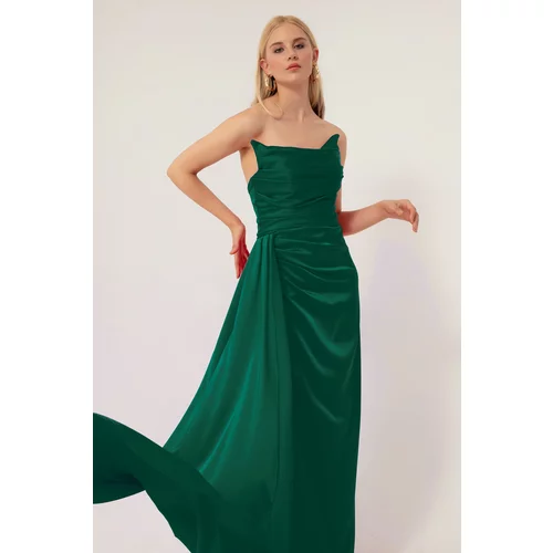 Lafaba Women's Emerald Green Long Satin Evening Dress with a Slit