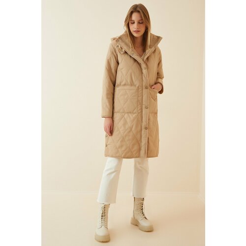 Happiness İstanbul Women's Cream Pocket Hooded Oversize Quilted Coat Cene
