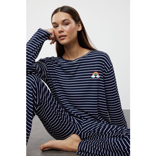 Trendyol Navy Blue Striped Rainbow Printed Knitted Pajama Set Slike