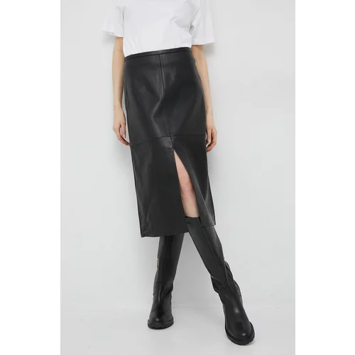 Calvin Klein Kožna suknja boja: crna, midi, ravna