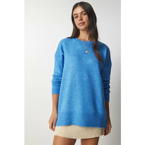 Happiness İstanbul Women's Sky Blue Crew Neck Oversized Knitwear Sweater