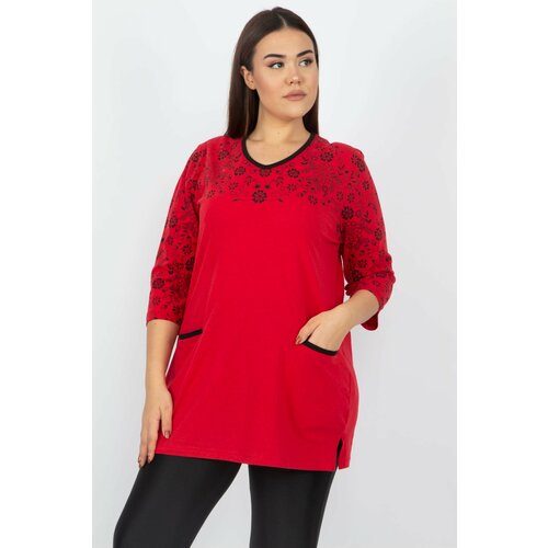 Şans Women's Plus Size Red Cotton Fabric Pocket Detail Blouse Slike