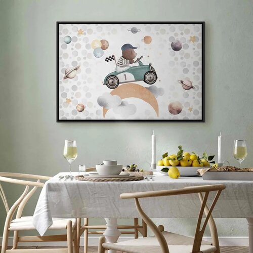  Slika - Galactic Races - A Bear Participating in Car Races Among Planets Clouds and Stars in Pastel Hues 90x60 U crnom drvenom o Slike