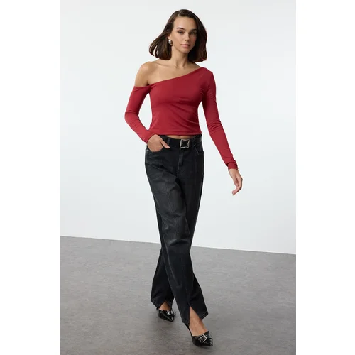 Trendyol Red One Shoulder Cotton Slim Fit Crop Knitted Blouse