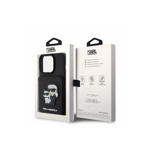 Karl Lagerfeld maska za iPhone 15 Pro Max SAFFIANO CARDSLOTS AND STAND K&C PATCH BLACK Slike