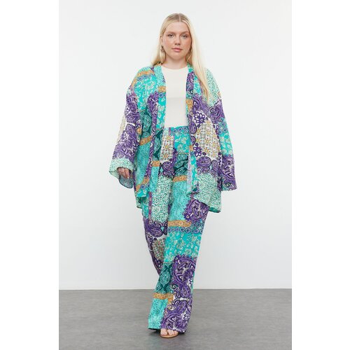 Trendyol Curve Blue Large Size Shawl Pattern Kimono and Wide Leg Viscose Bottom and Top Set Slike