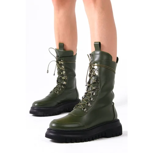 Mio Gusto Women's Ankle Boots In Green Color With Leather And Shearling Lined.