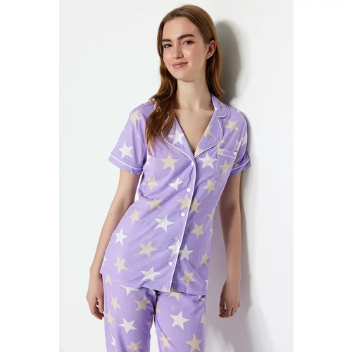 Trendyol Lilac Starry Shirt-Pants and Knitted Pajamas Set