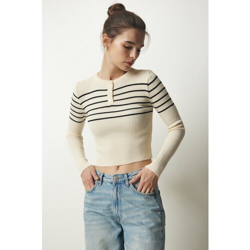  Women&amp;#039;s Cream Black Buttoned Collar Ribbed Crop Knitwear Blouse Slike