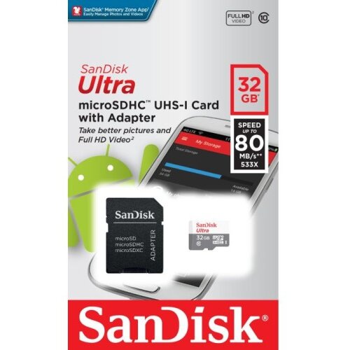 San Disk 32GB Ultra microSDHC + SD Adapter 100MB/s Class 10 UHS-I Cene