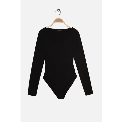 Trendyol Black Ribbed Heart Collar Fitted Snap Snap Knitted Body Slike