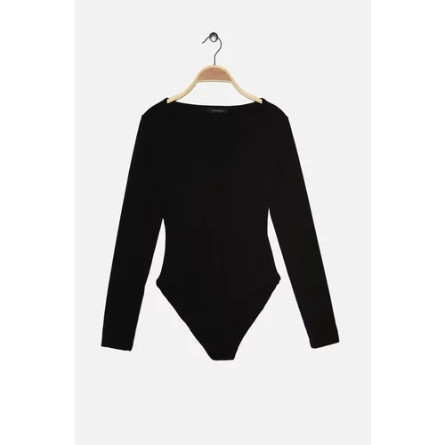 Trendyol Black Ribbed Heart Collar Fitted Snap Snap Knitted Body