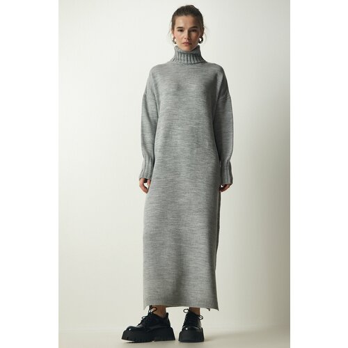 Happiness İstanbul Women's Gray Turtleneck Slit Oversize Knitwear Dress Slike