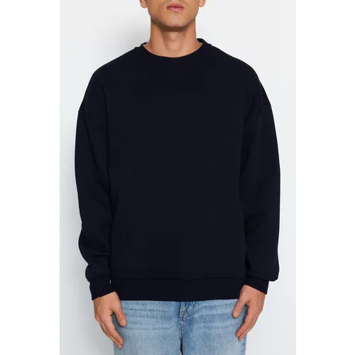 Trendyol Navy Blue Men's Oversize/Wide-Cut Animal Embroidery Cotton Fleece Sweatshirt.